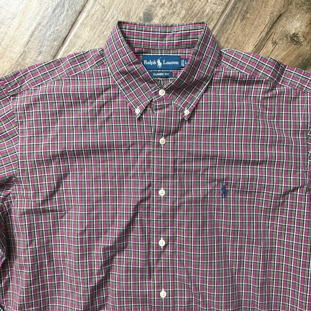 Ralph Lauren Vintage Men's Classic Fit Plaid Button Long Sleeve‎ Shirt, Pink,L